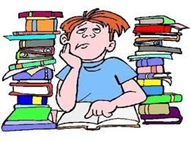 An illustration of a boy with many books thinking
