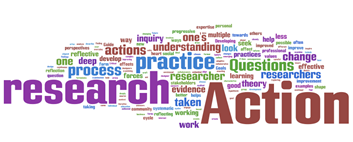 A collage of many words. Research, action, practice, questions, change, process, inquiry, understanding, and many more.